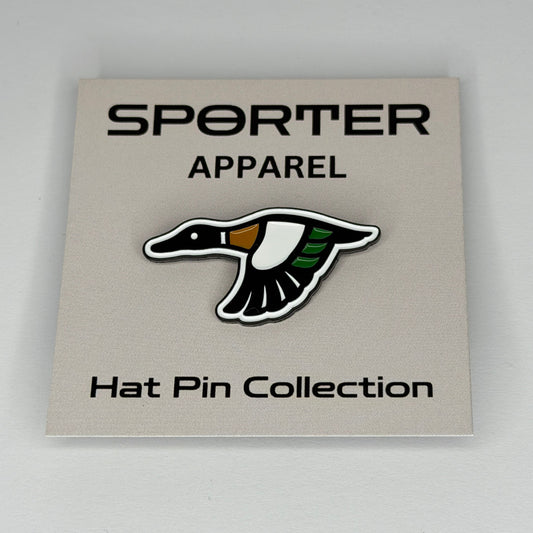 Sporter Apparel Hat Pin Collection with a duck logo on a beige background