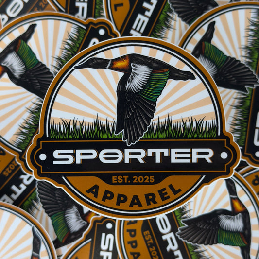 Close-up of Sporter Apparel stickers with bird illustrations and branding.